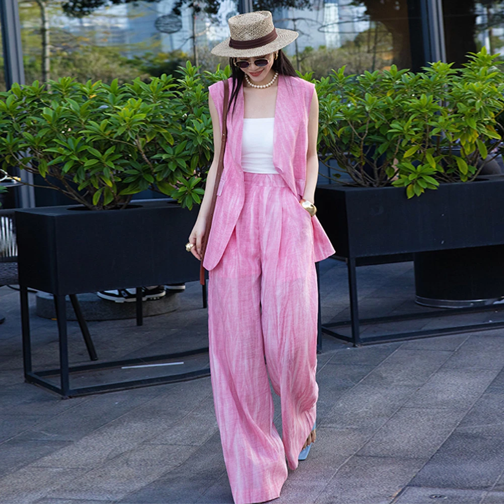 2025洋气时髦高级感粉色西装套装女夏季气质高端马甲阔腿裤两件套