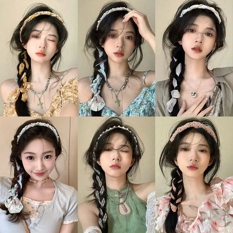 夏季碎花编发发带女绑发丝巾飘带发箍一体系丝带头箍超仙珍珠系带