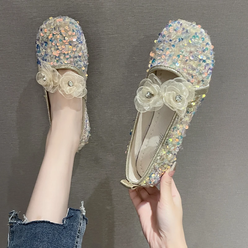 休闲鞋子女设计感小众女鞋2025新款秋季单鞋仙女风亮片平底豆豆鞋