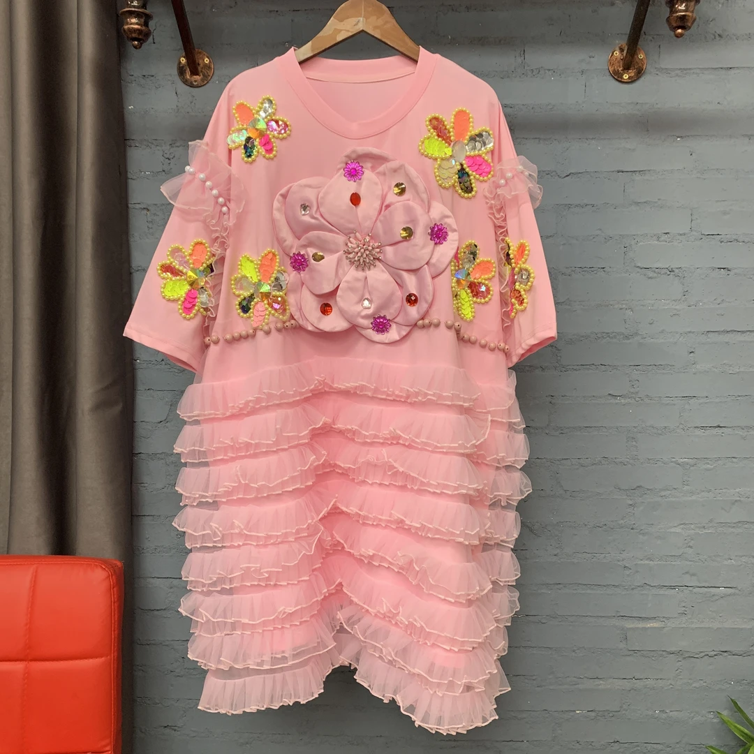 立体花朵粉色短袖T裙