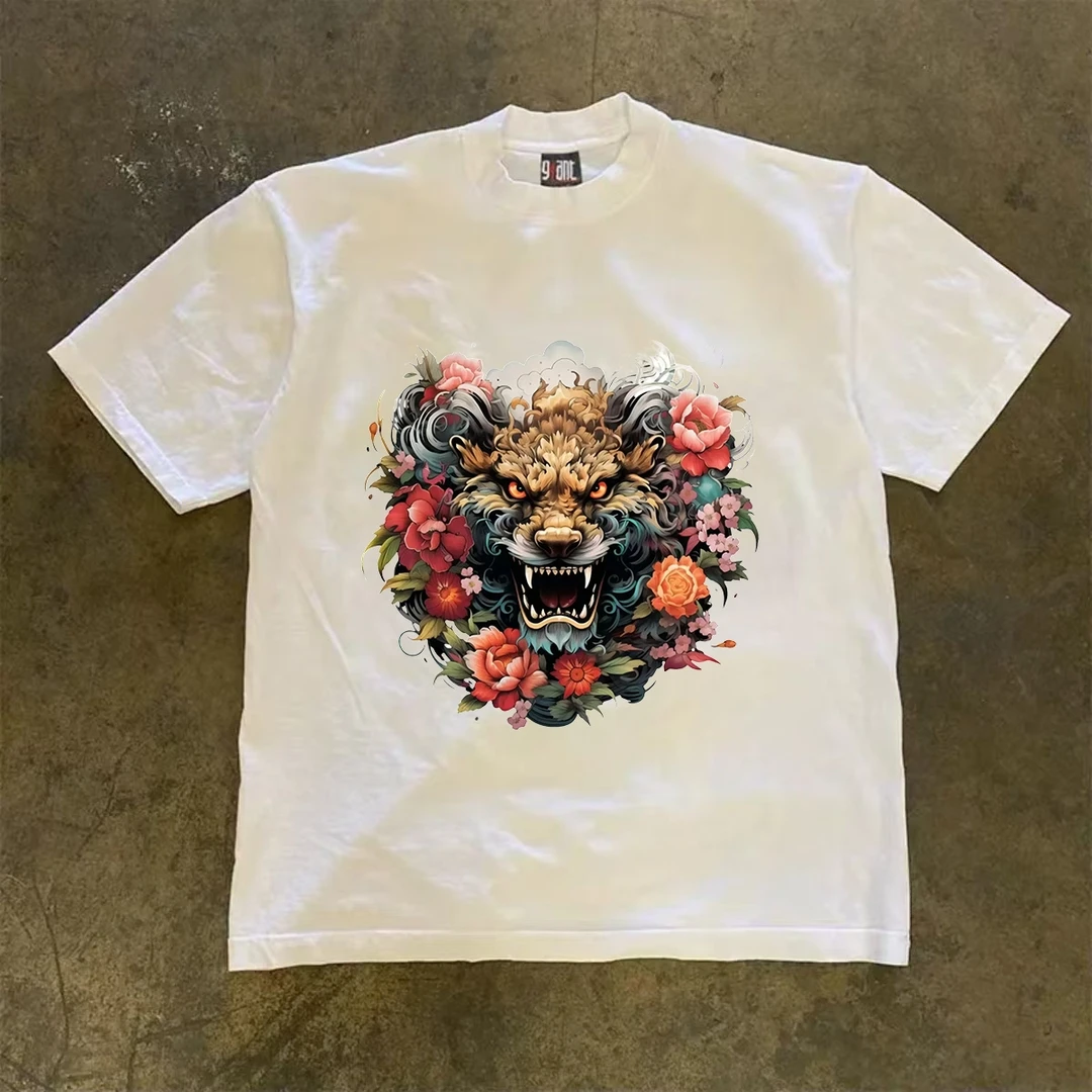 230g重磅纯棉半袖玫瑰花短袖t恤男通用撞色T恤白色圆领短袖国潮