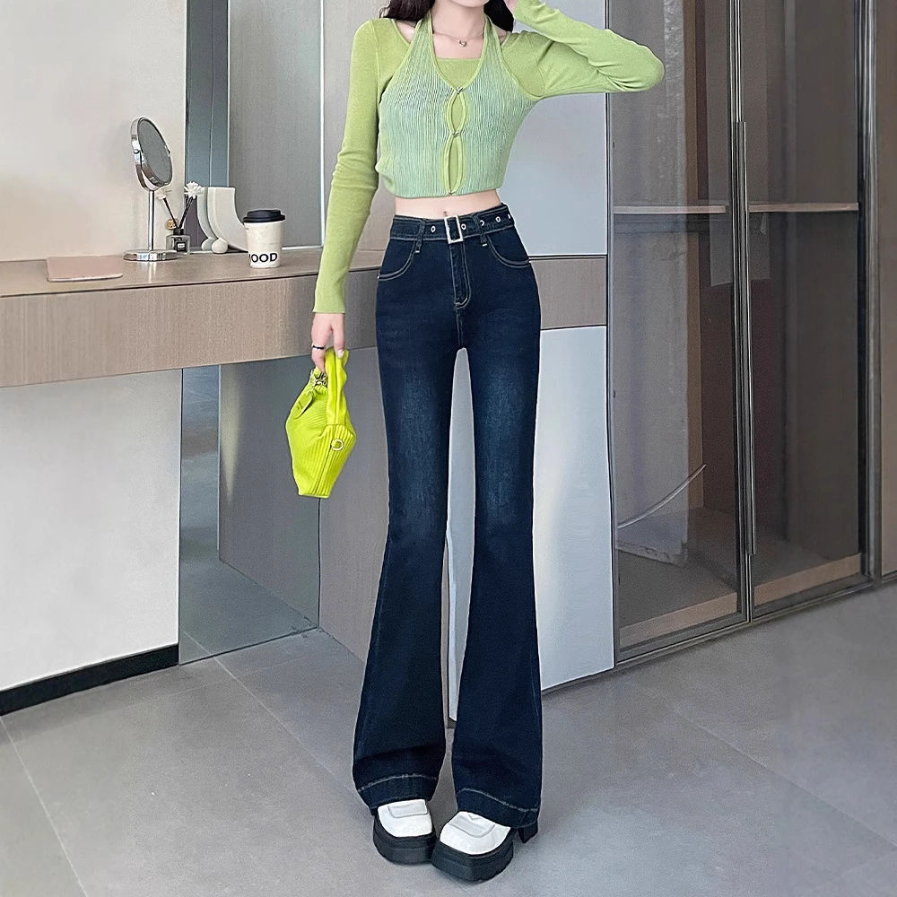 【牛仔裤】赠送腰带春秋显高显瘦弹力高腰修身韩系休闲风微喇牛仔裤