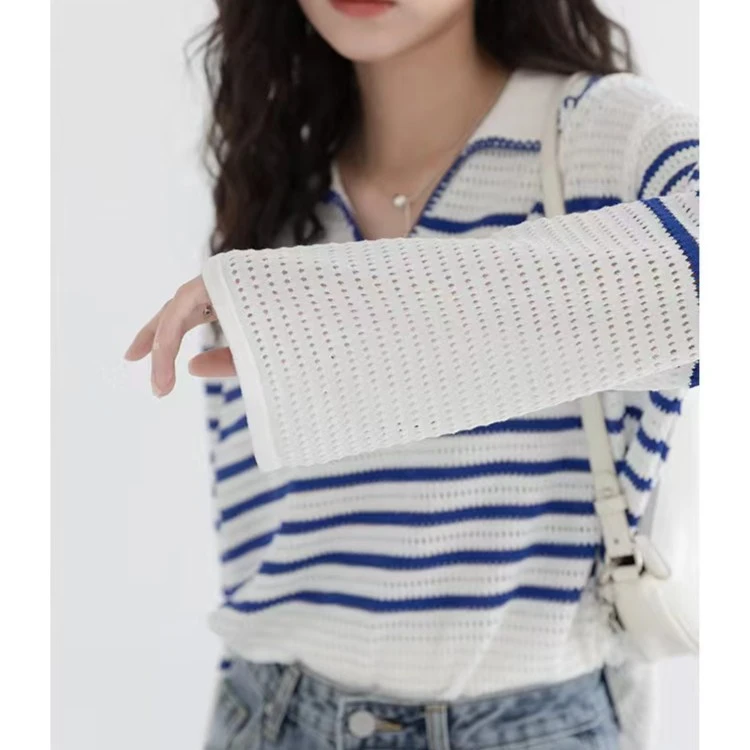 S21条纹V领毛衣针织衫女2025早春新款外搭罩衫镂空上衣