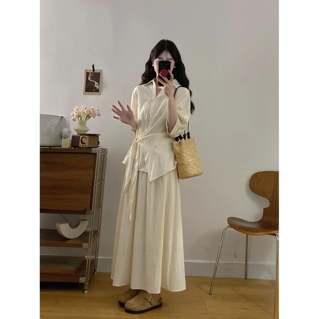 大码2025夏季新款时尚温柔系带收腰V领衬衫女气质半身裙套装