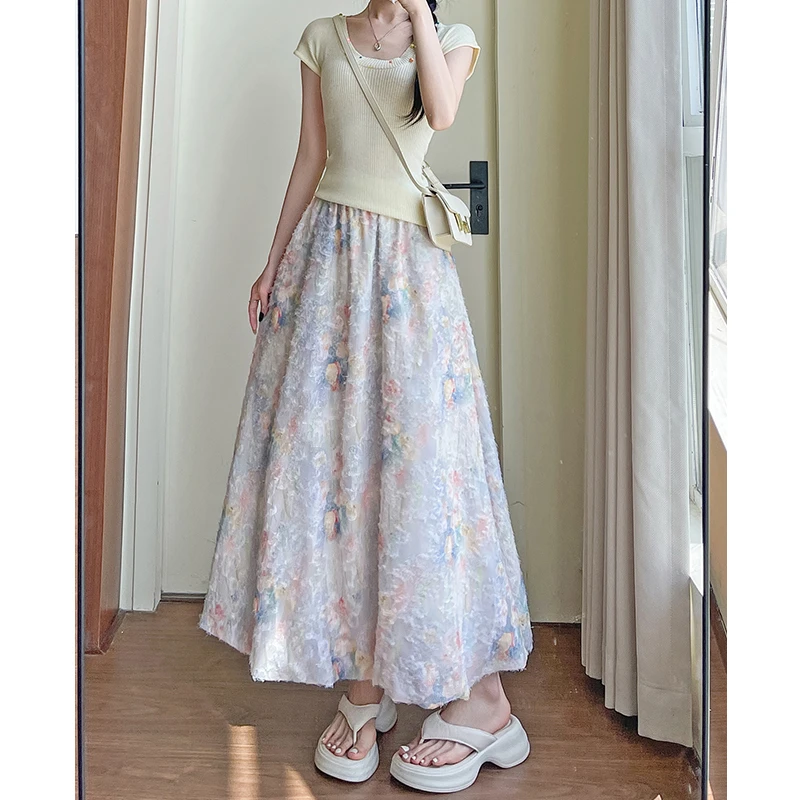 莫奈花园半身裙女2025夏季高腰显瘦氛围感花苞裙甜美a字中长裙子