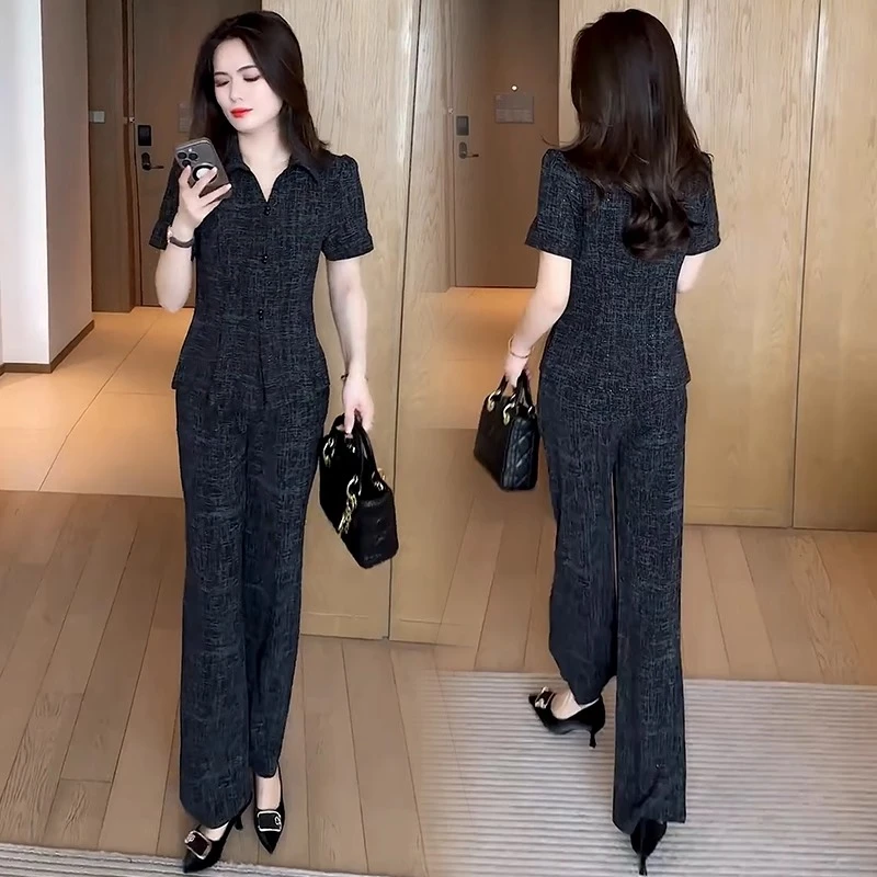 冰丝时尚套装女2025夏季新款洋气收腰显瘦短袖上衣阔腿裤两件套潮