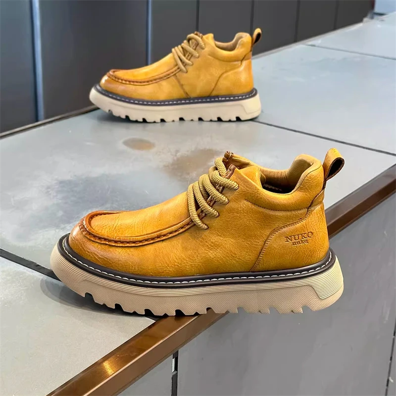 男鞋英伦风高帮休闲鞋2025冬季新款加绒保暖工装鞋轻便厚底马丁靴