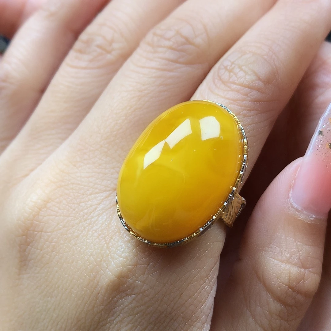 蜜蜡戒指银S925镶嵌戒指