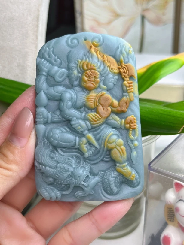 翡翠a货三头六臂黄翡不动明王鸡守护神毛货抛光4天76.6•48.6•9.0