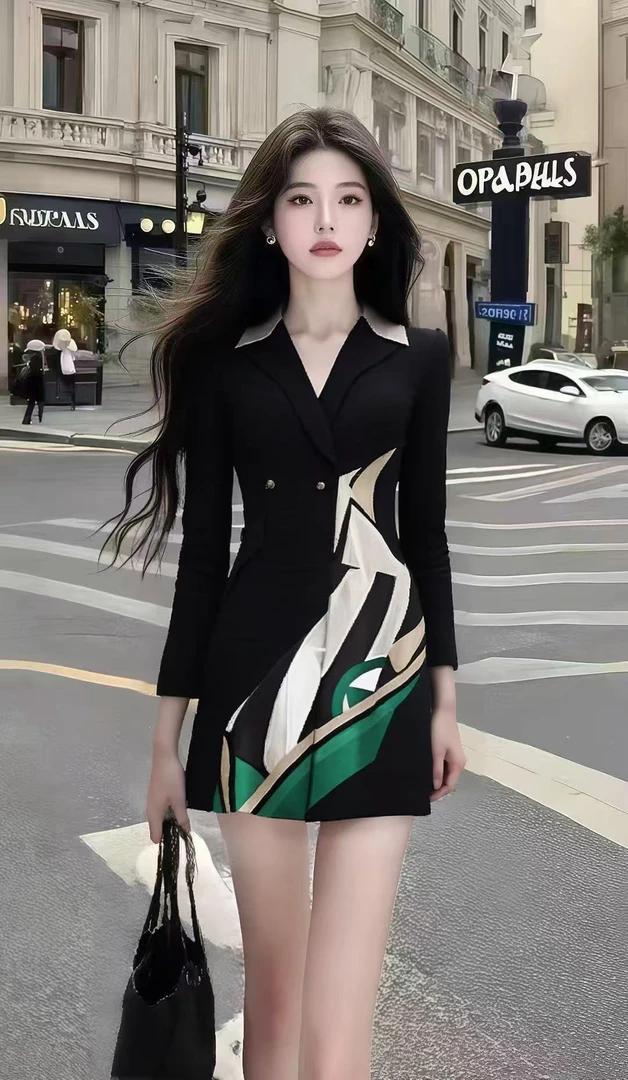 简约时尚轻职通勤风黑色V领长袖修身收腰不规则连衣裙女气质女装