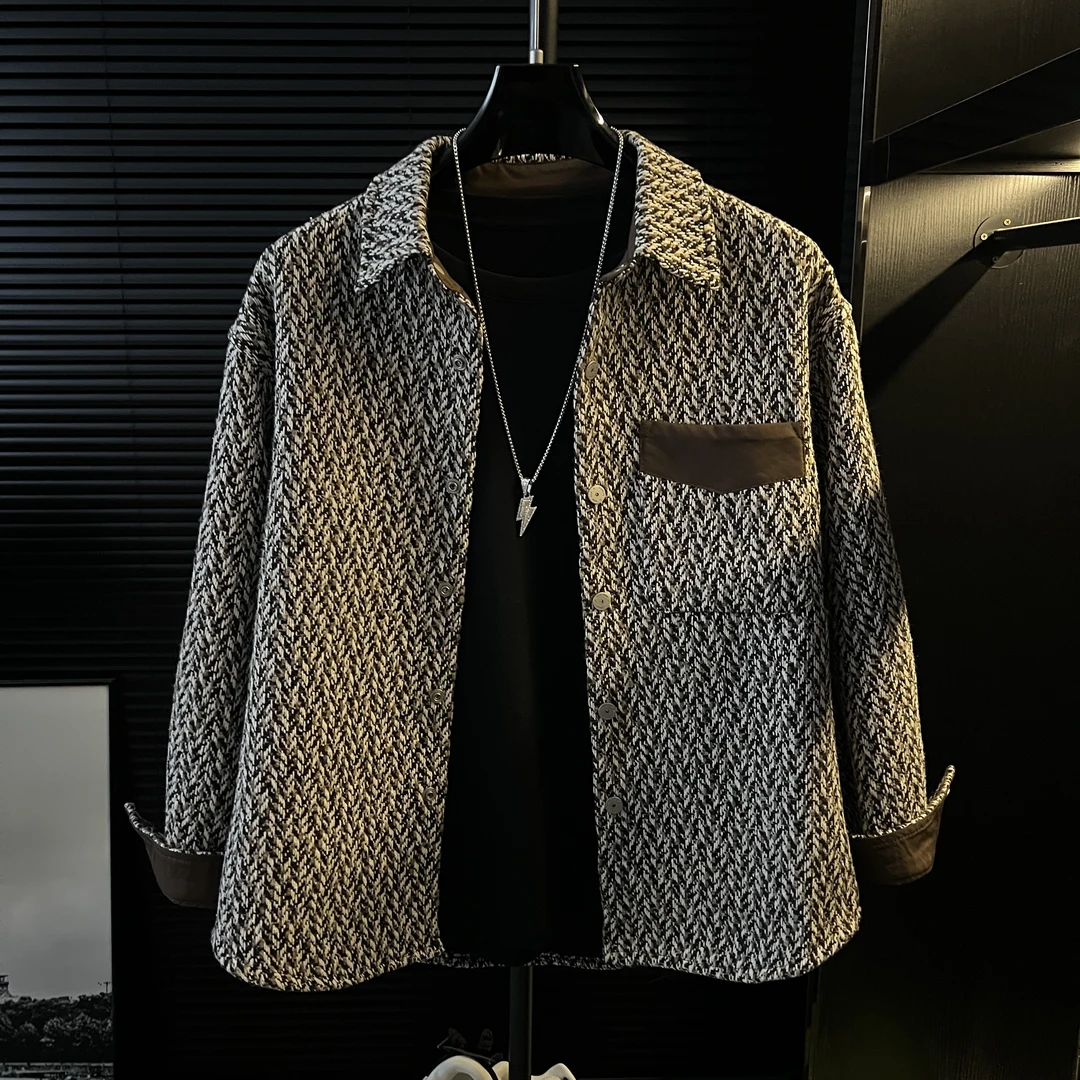 小杰-冬季加绒加厚小香风外套男2024韩版百搭宽松翻领夹克上衣