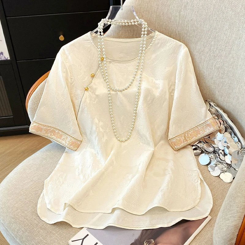 【金银织】新中式夏款设计师重磅百搭时尚提花刺绣立体织花拼接短袖