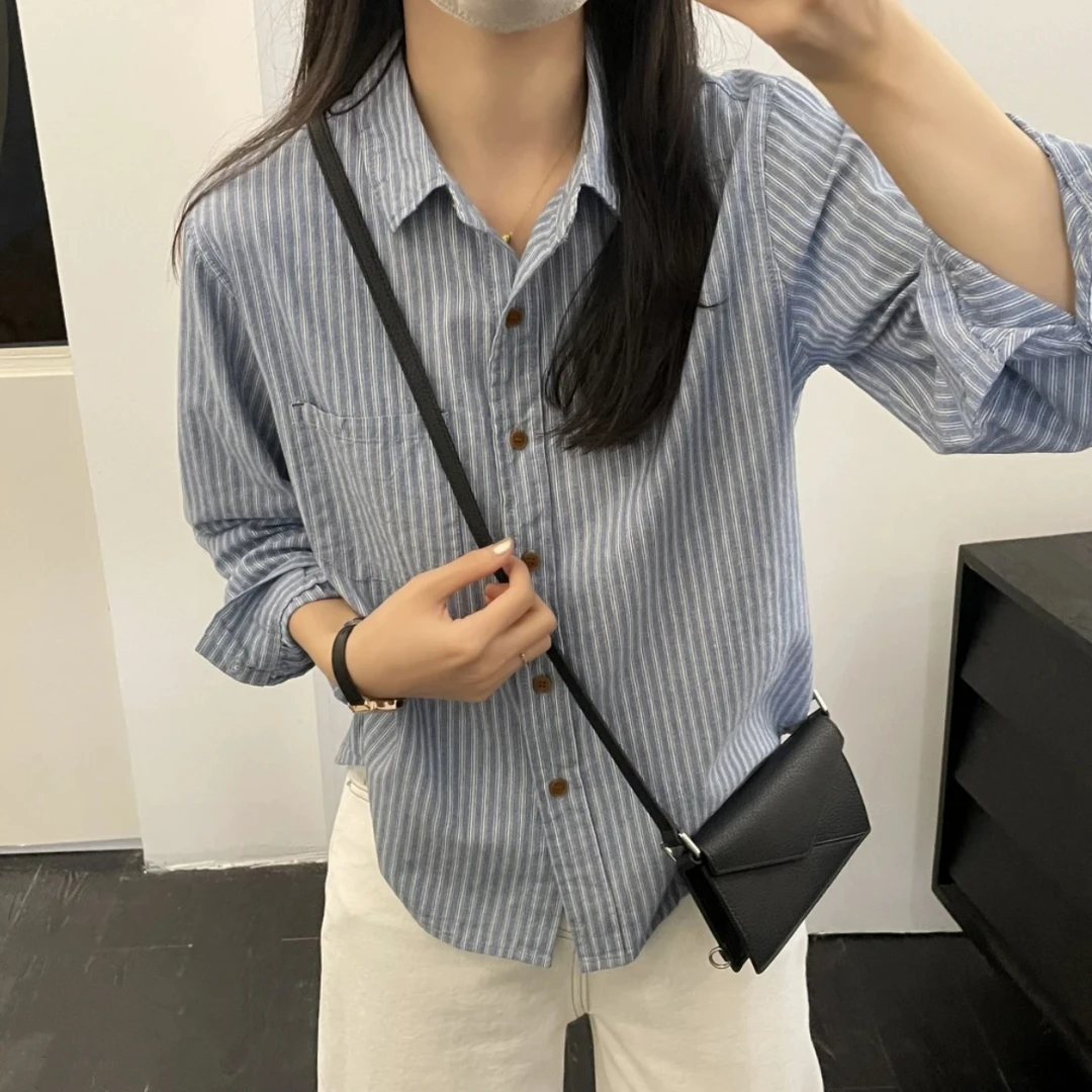 「复古日系 条纹衬衫」成衣水洗 100%棉 春季宽松百搭纯棉衬衣