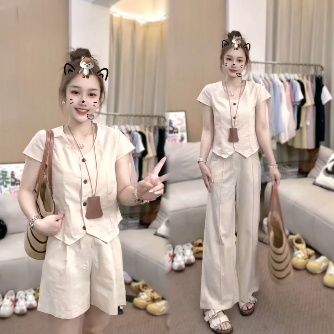 【夏款清仓库】简约通勤亚麻套装女3130减龄韩系长短阔腿裤两件套