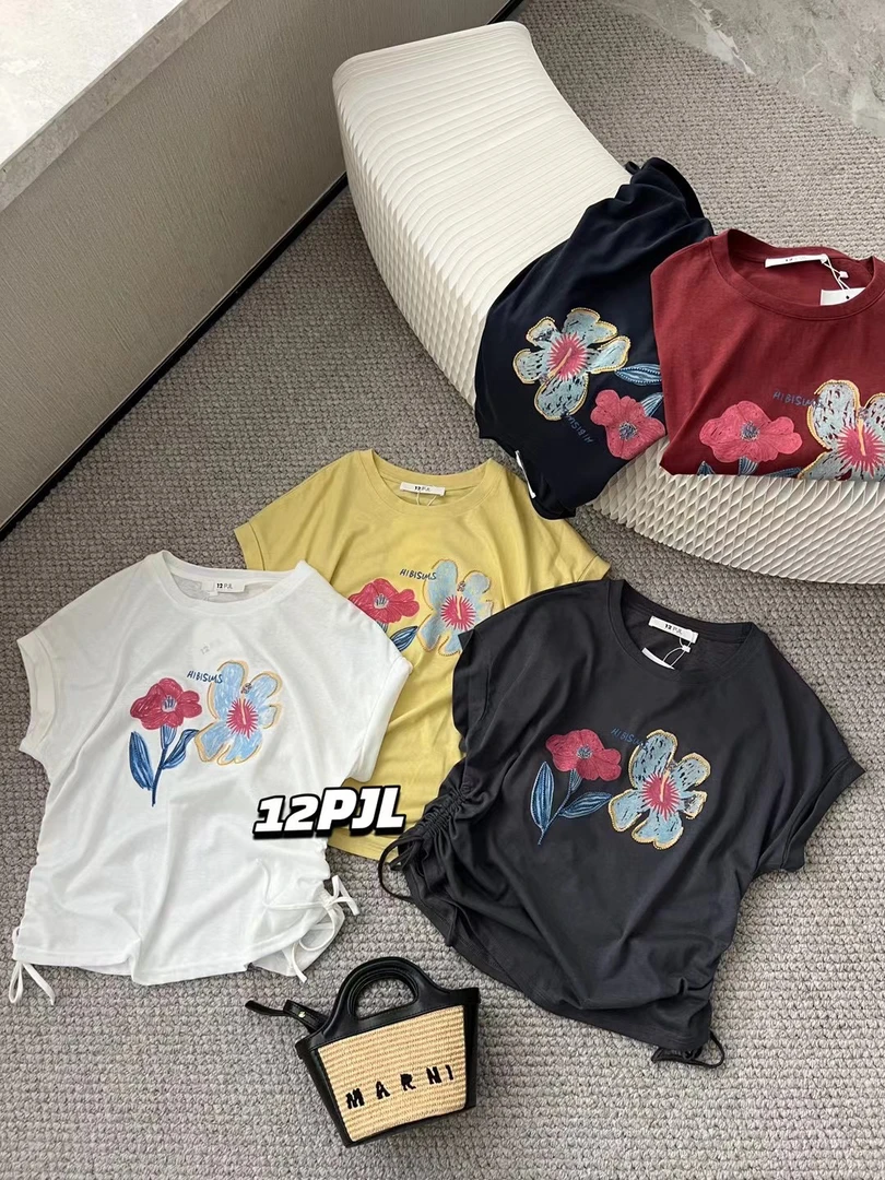 韩货莱赛尔天丝花朵正肩短袖设计感小众127666