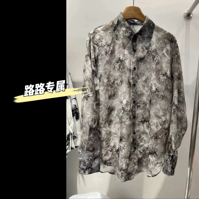 （冰川）港风复古扎染刺绣花水泼墨衬衫女宽松显瘦单排扣叠穿ins