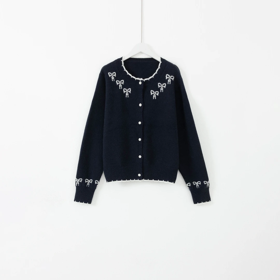 几里与麻 圆领蝴蝶结提花针织开衫 2091842