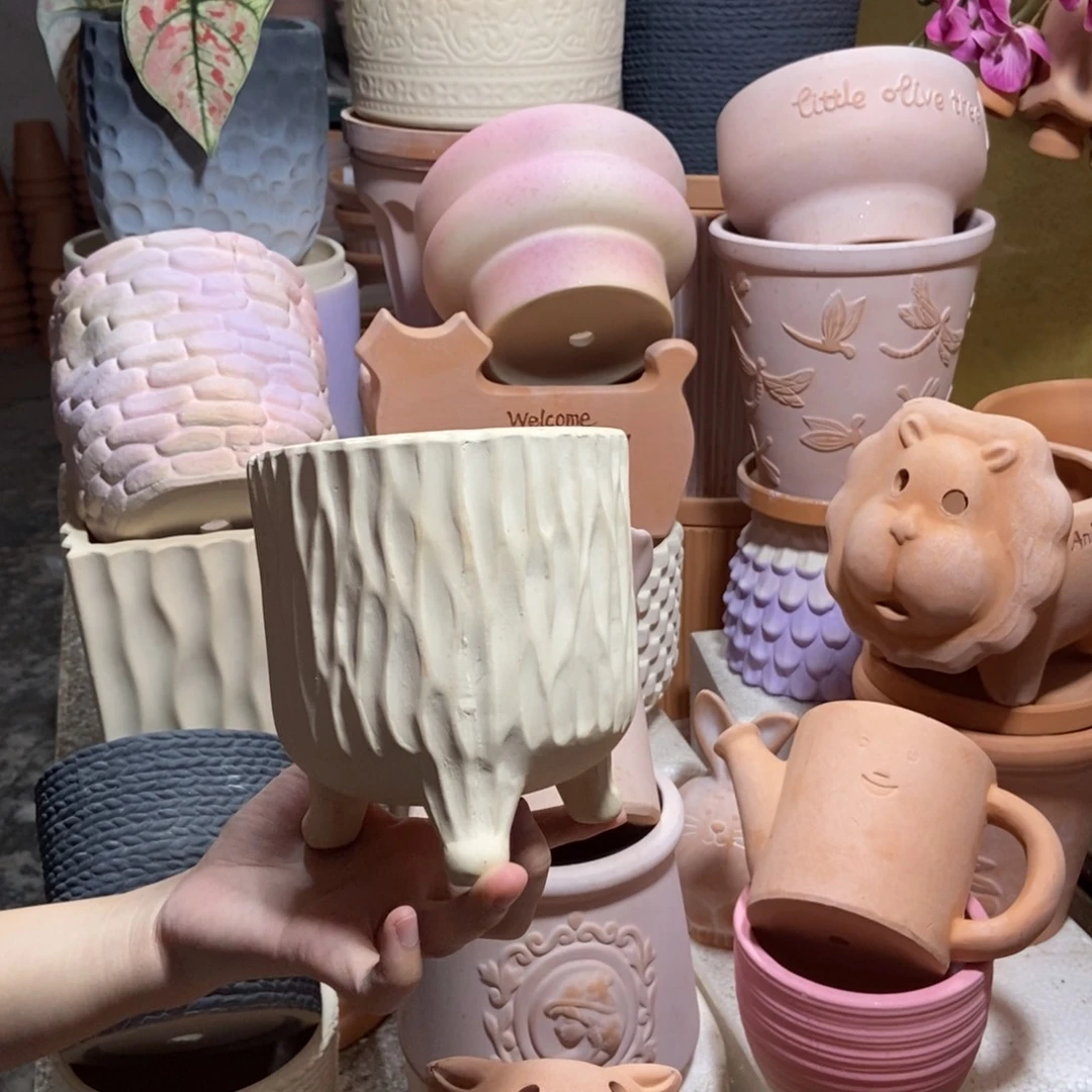 13×14白陶三脚树纹 粗陶1个