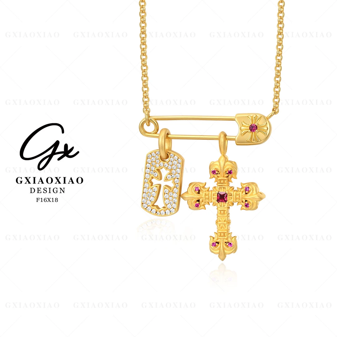 铜合金项链 GXX 气质复古高级感别针十字架项链 F16X18