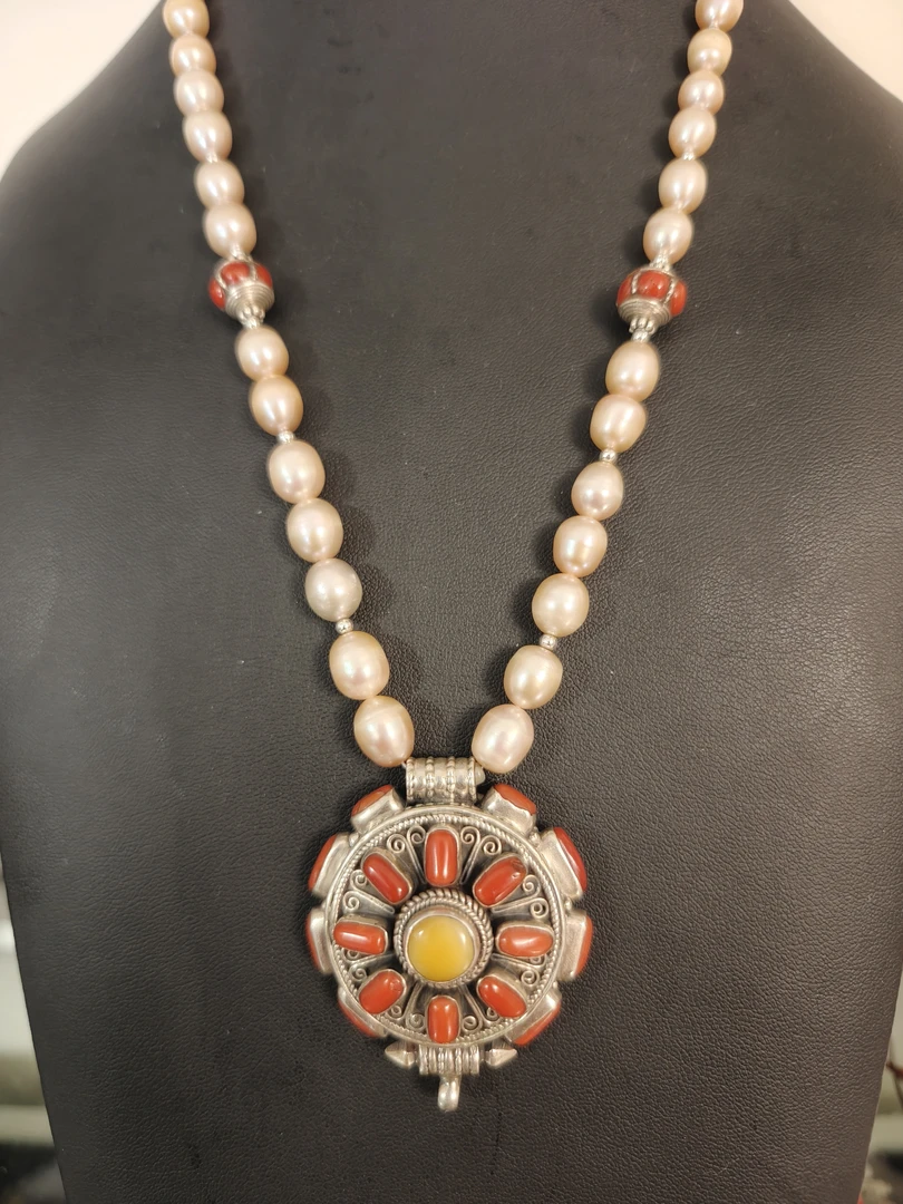 吊坠925银琉璃 尼泊尔手工纯银项链