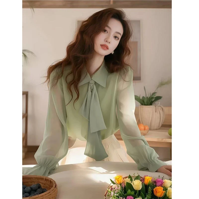 欧货设计感长袖衬衫女2025春夏季新款蝴蝶结百搭衬衣气质上衣小衫