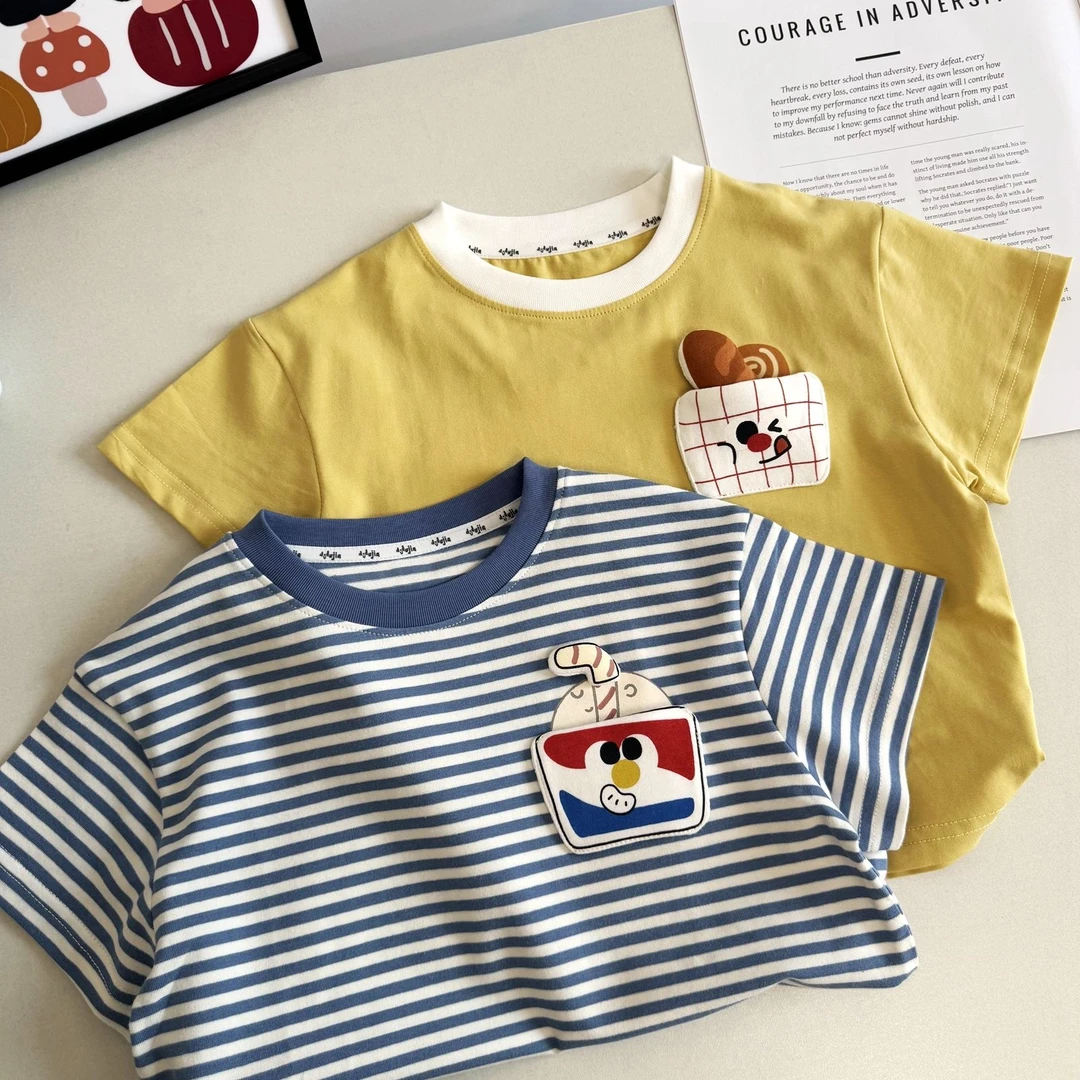 可爱卡通儿童短袖T恤2025夏季新男女童纯棉条纹上衣宝宝立体潮