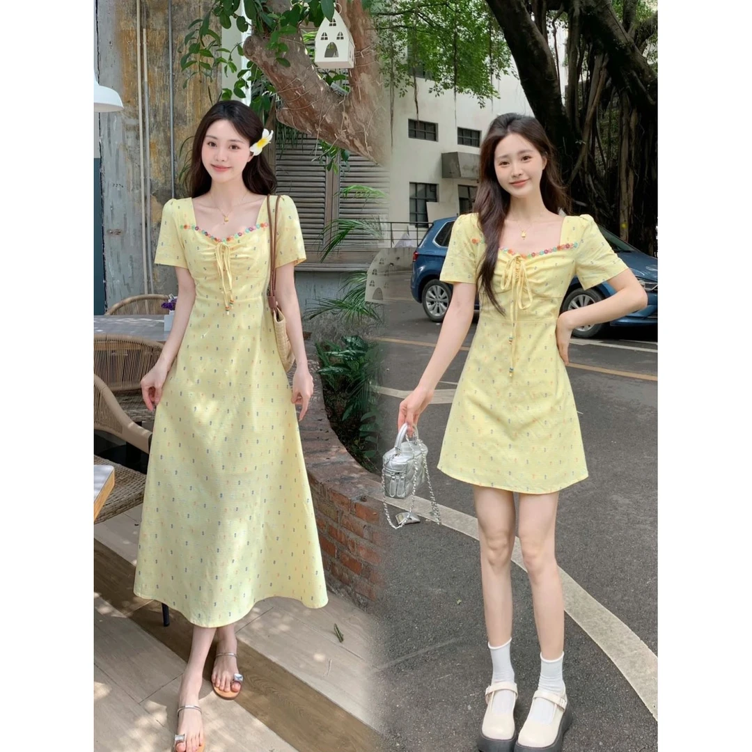 新款大码盛夏度假花边碎花森系甜美显瘦温柔连衣裙女