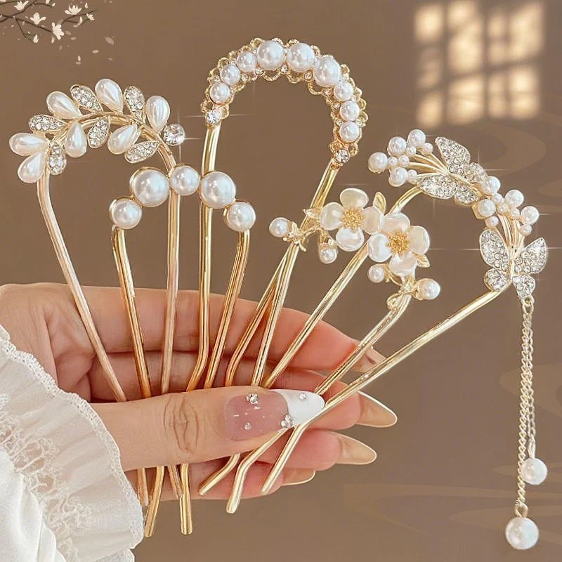 珍珠u型发簪女古风高级感盘发神器发夹新中式簪子日常通勤头饰夏