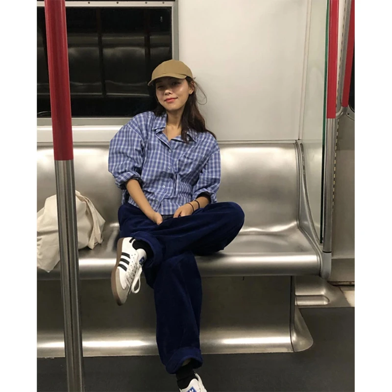 the barnnet韩系东大门春季新款蓝色刺绣格子衬衫女复古宽松上衣