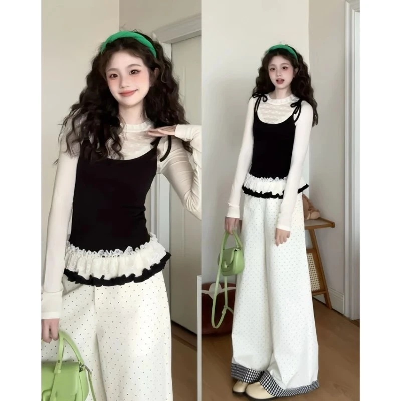 早春搭配一整套韩剧女主穿搭小香风甜美减龄波点长款裤子两件套装