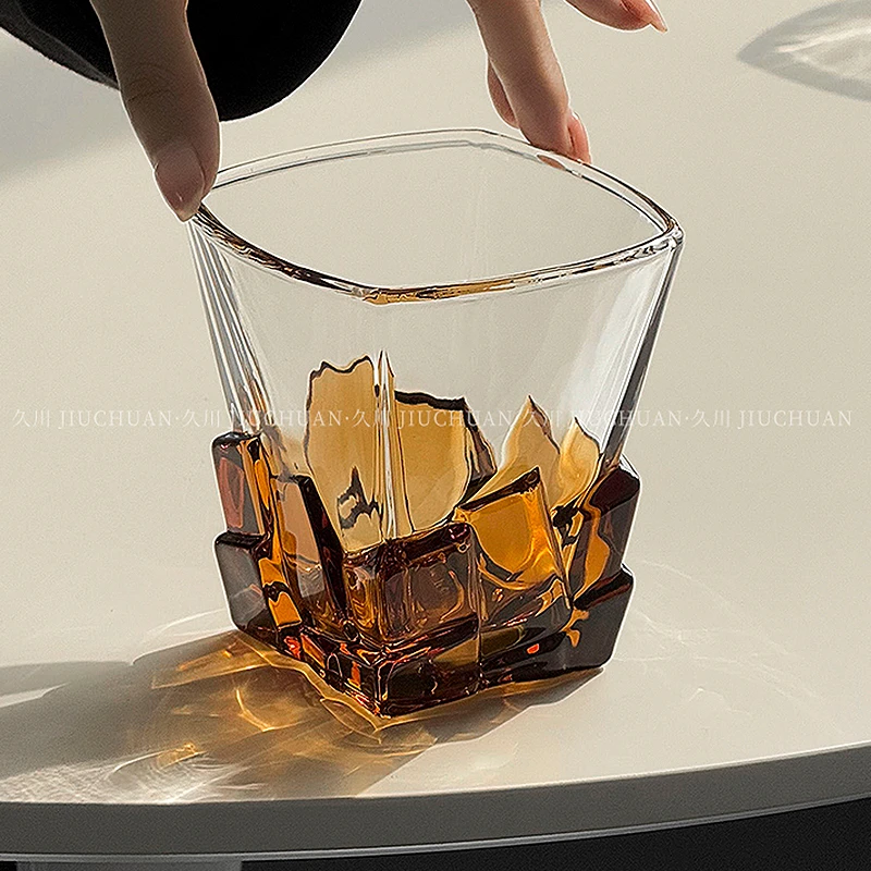 中古玻璃水杯子方块杯威士忌洋酒轻奢创意酒杯高级感饮品杯咖啡杯