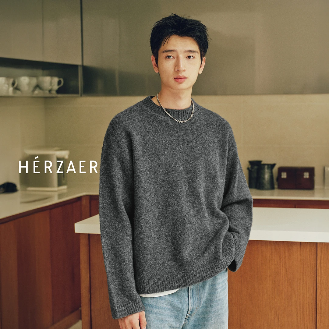 HERZAER 羊毛牦牛绒混纺圆领毛衣套头针织毛衫男女同款慵懒风秋冬