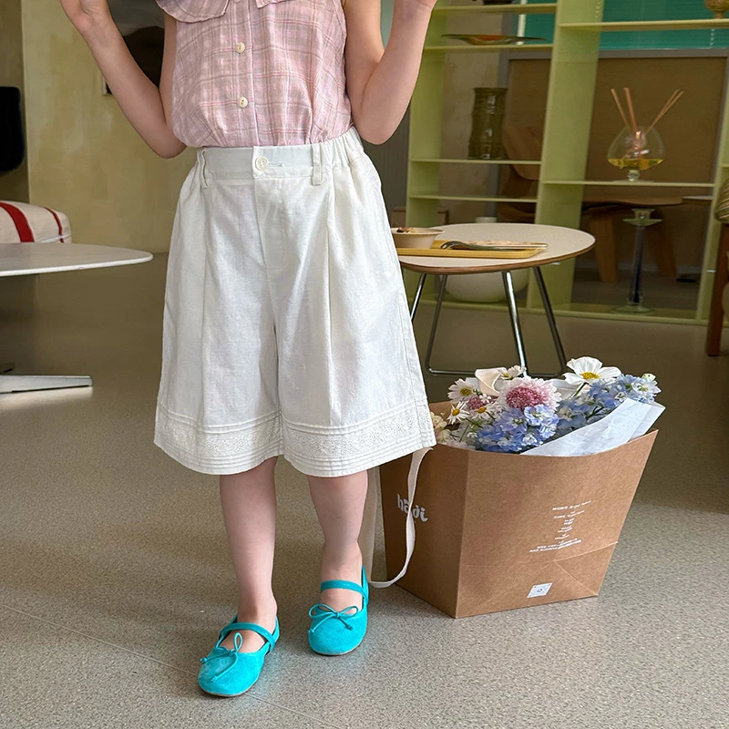 【棉麻现货】儿童休闲百搭中裤女童精致蕾丝拼接棉麻五分裤子25D057