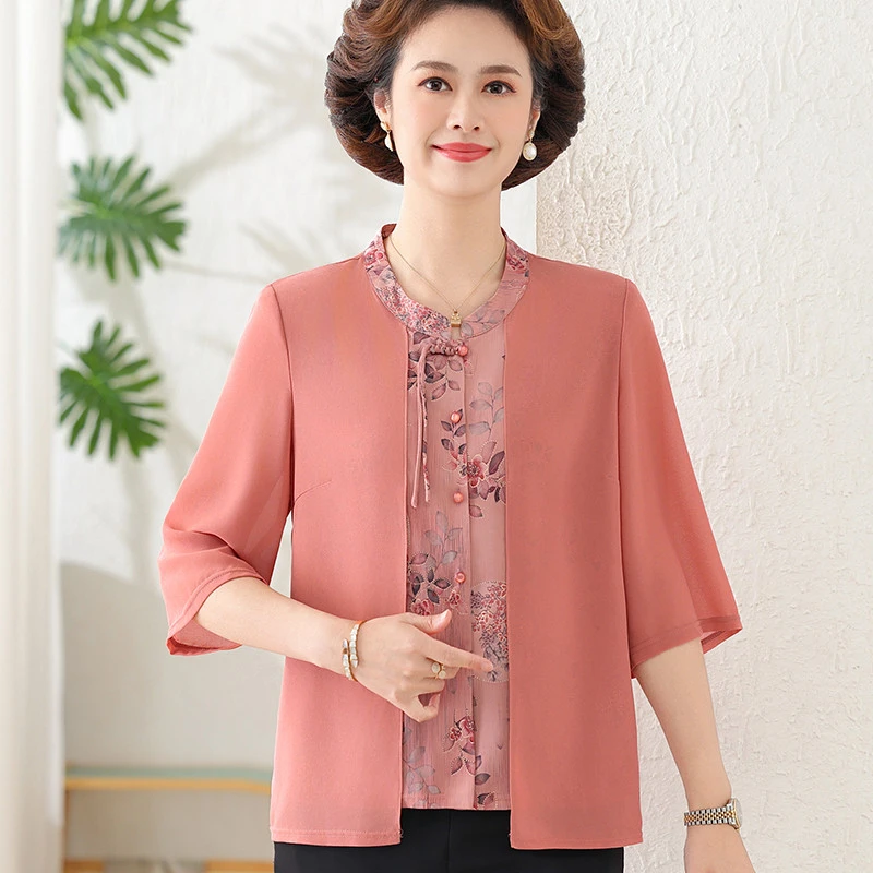 妈妈装夏季假两件仿真丝衬衫2025新款衬衣中老年女夏装薄款宽松上