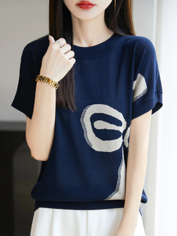 哥弟阿玛施正品拼色提花莱赛尔针织短袖25夏季新款百搭气质显瘦