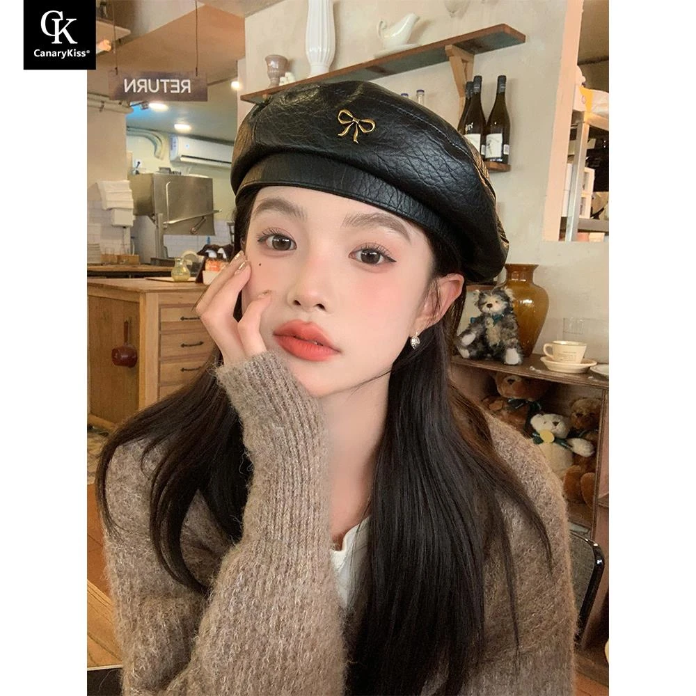 CanaryKiss蝴蝶结pu皮质贝雷帽女英伦风复古显脸小画家帽蓓蕾帽子