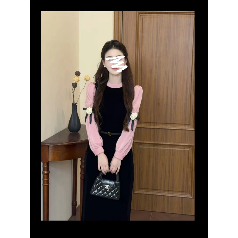 【黑粉玫瑰】法式千金风高级感撞色黑丝绒连衣裙3413#