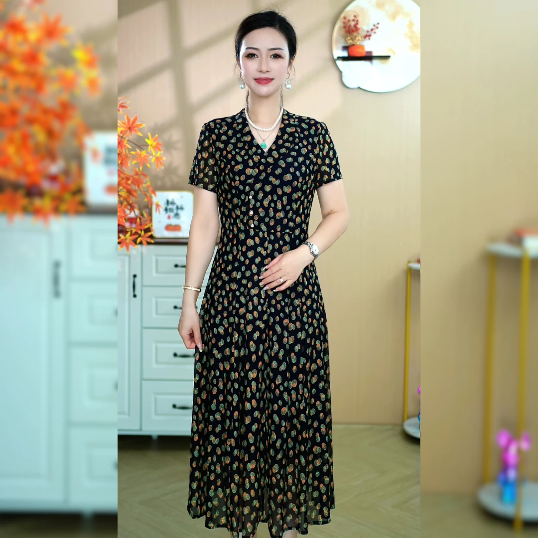 2025夏季新款连衣裙中长裙印花显瘦宽松长裙短袖款洋气时尚
