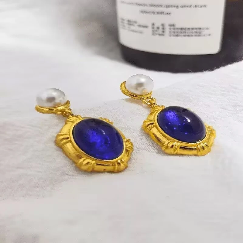 铜合金耳饰 79号气质蓝色轻奢时尚复古法式中古镶嵌