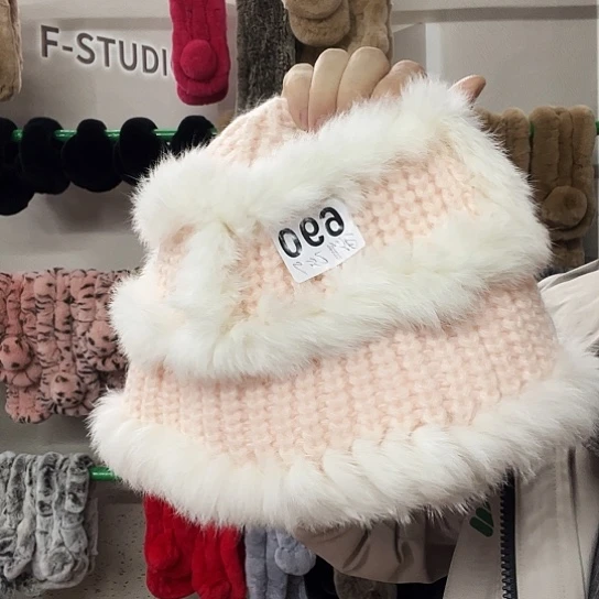 我***饭兔毛兔毛帽子粉色