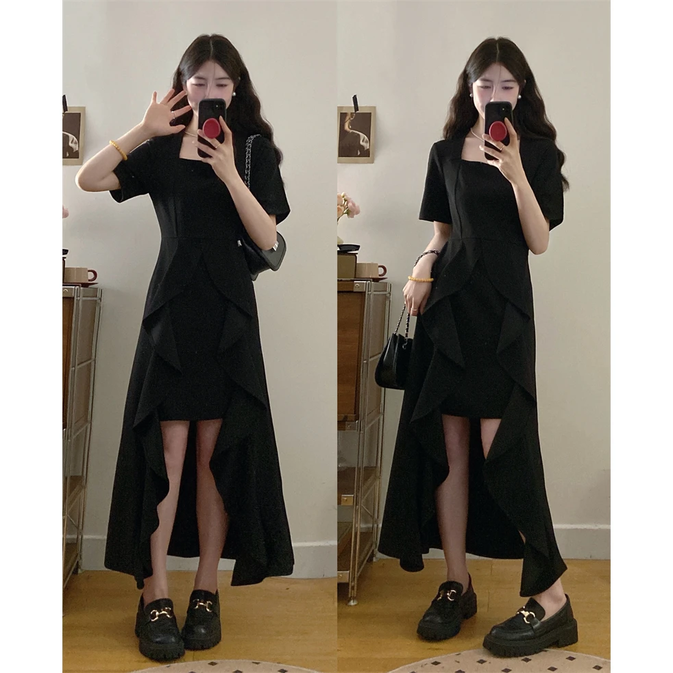 8101#大码2025夏季新款胖MM法式气质方领不规则收腰显瘦连衣裙