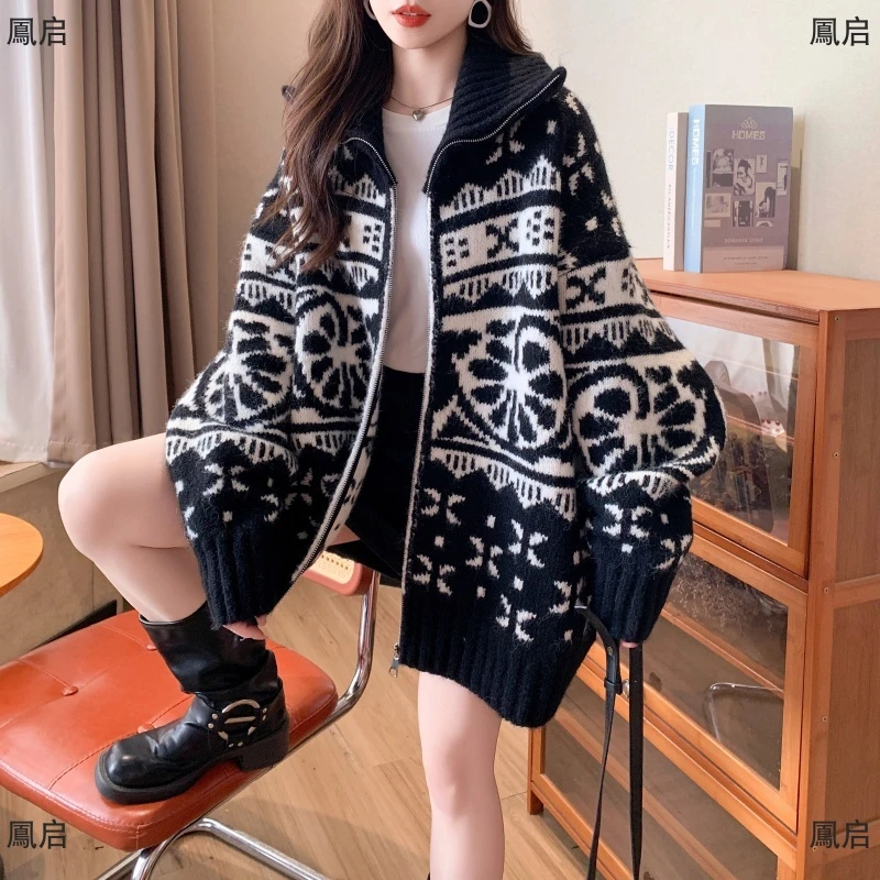 大码女装2025秋冬新款宽松慵懒风加厚毛衣外套显瘦百搭针织开衫潮