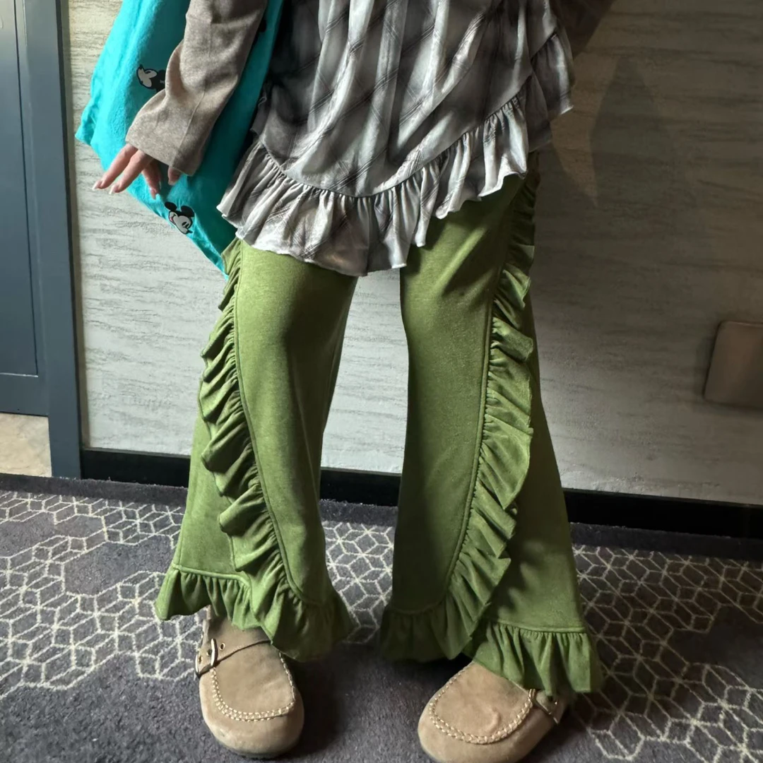 韩代购时尚显瘦气质微喇木耳边休闲裤