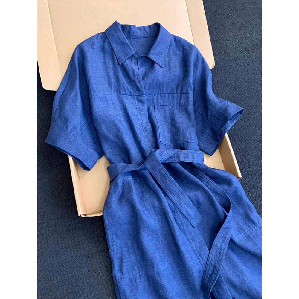 今年流行爆款简单大方长裙独特漂亮亚麻蓝色衬衫连衣裙女夏季