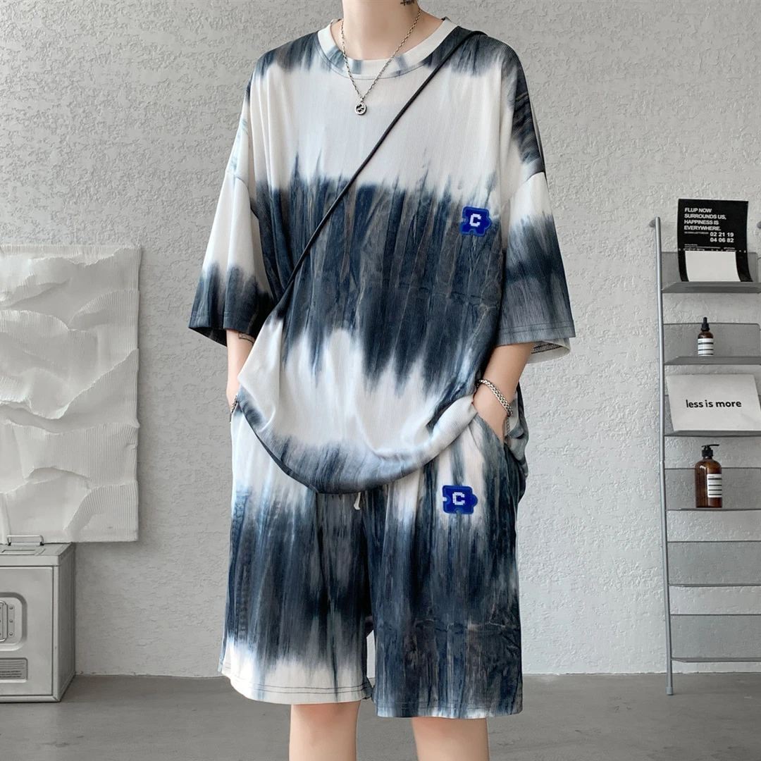 扎染设计感短袖套装男夏季加肥加大码潮胖人宽松垂感半袖T恤短裤