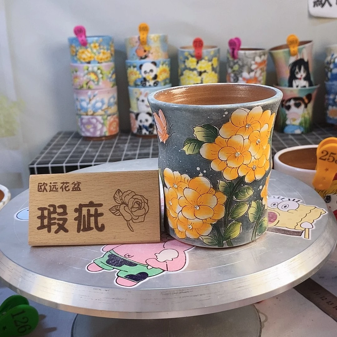 紫砂花盆红陶手绘花盆