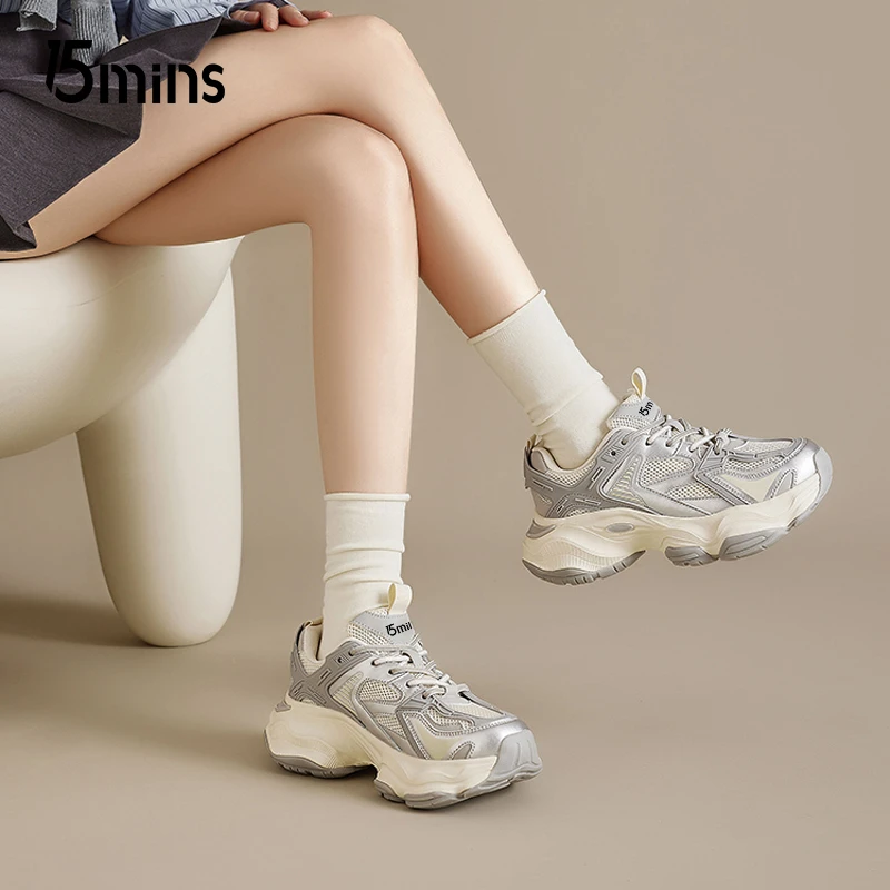 15MINS银色老爹鞋女款2025春季新款厚底增高小个子软底炸街运动鞋
