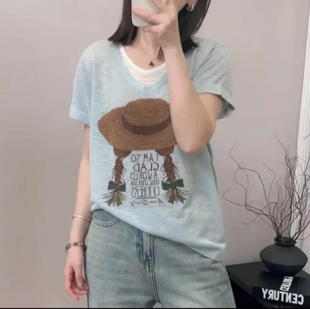 卡通帽子女孩拼接假两件短袖t恤女夏季宽松显瘦简约百搭减龄上衣