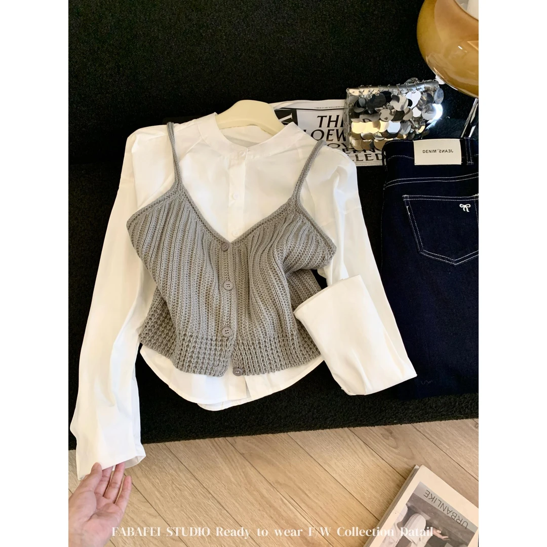 早秋穿搭一整套女韩系白色泡泡长袖衬衫叠穿针织小吊带背心两件套