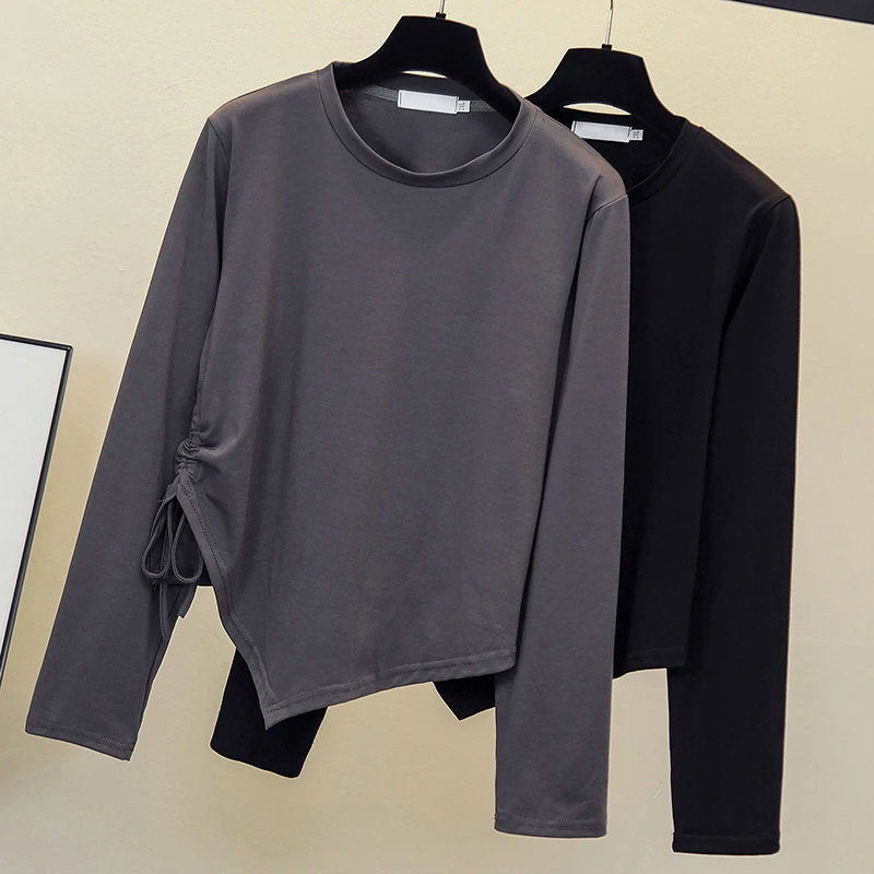 大码女装2025秋装新款洋气开叉抽绳上衣T恤胖妹妹宽松打底衫8810